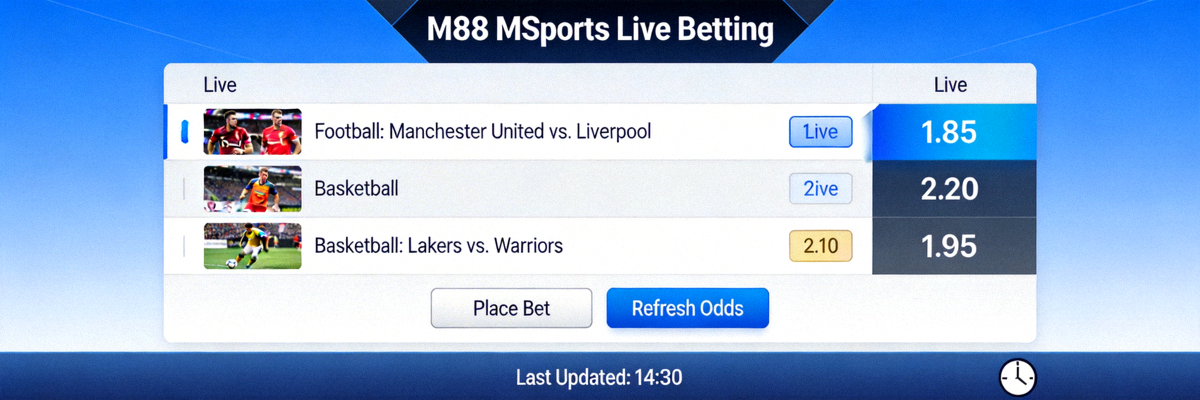 Tampilan antarmuka live betting M88 MSports dengan odds yang diperbarui secara real-time