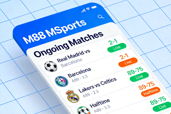 Tampilan antarmuka utama M88 MSports dengan daftar pertandingan olahraga yang sedang berlangsung