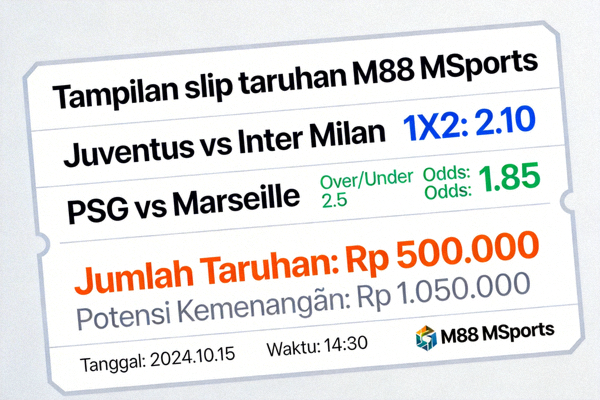 Tampilan slip taruhan M88 MSports dengan detail odds dan jumlah taruhan